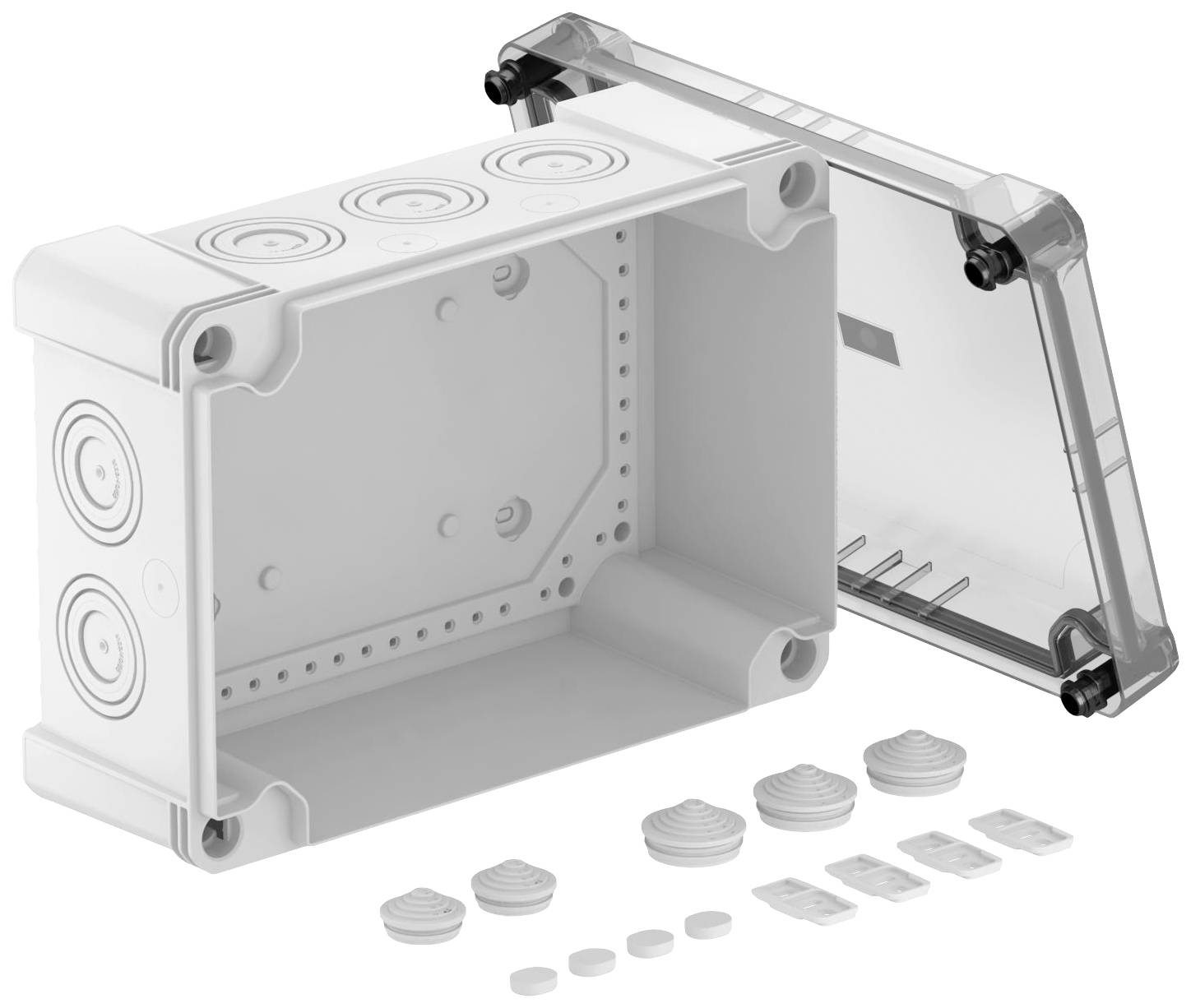 Een rechthoekige elektronicabehuizing met transparante afdekking, voorzien van invoerOpeningen en toebehoren, gefotografeerd tegen een witte achtergrond.