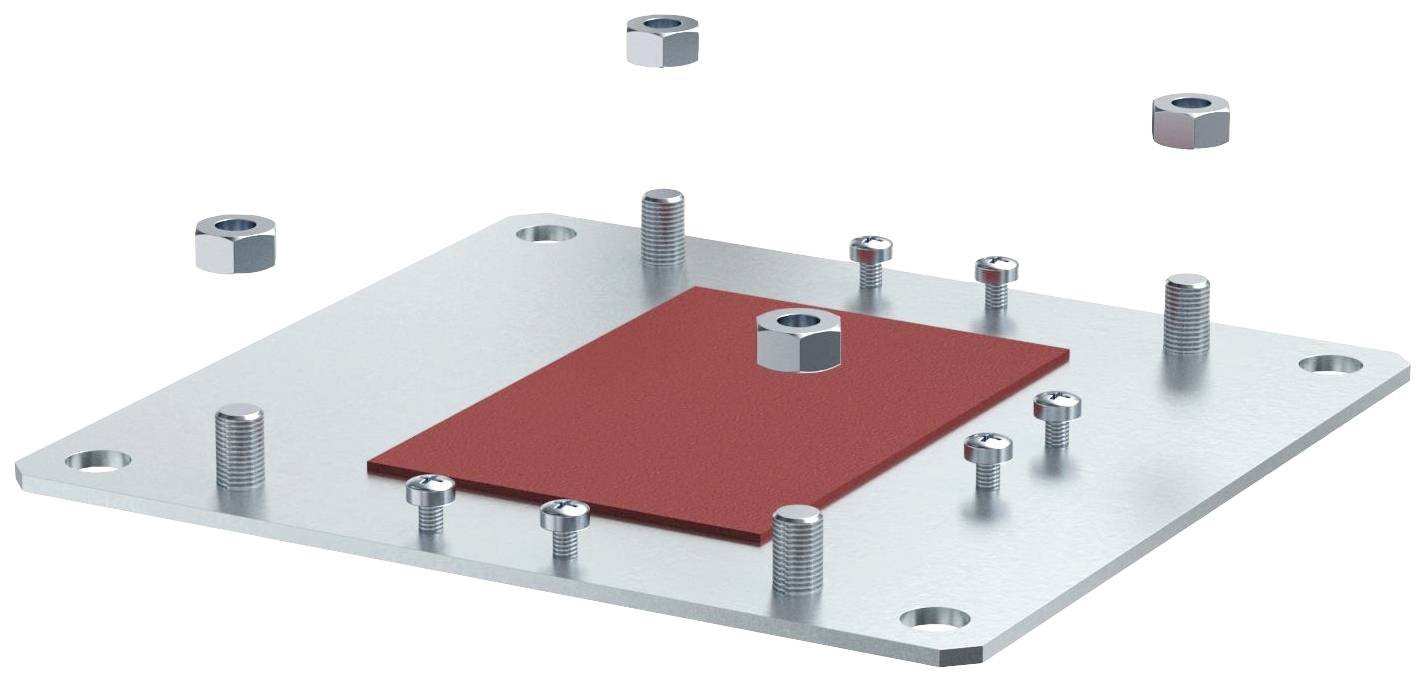 Rendering van een rechthoekig metalen stuk met een rode inzet in het midden, omringd door schroeven en moeren in verschillende posities.