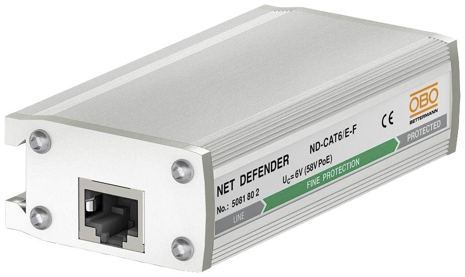 Een netwerkbeschermingsapparaat met opschrift 'NET DEFENDER' en modelaanduiding ND-CAT6I E-F van OBO. Beschermt netwerkkabels tegen spanningspieken.
