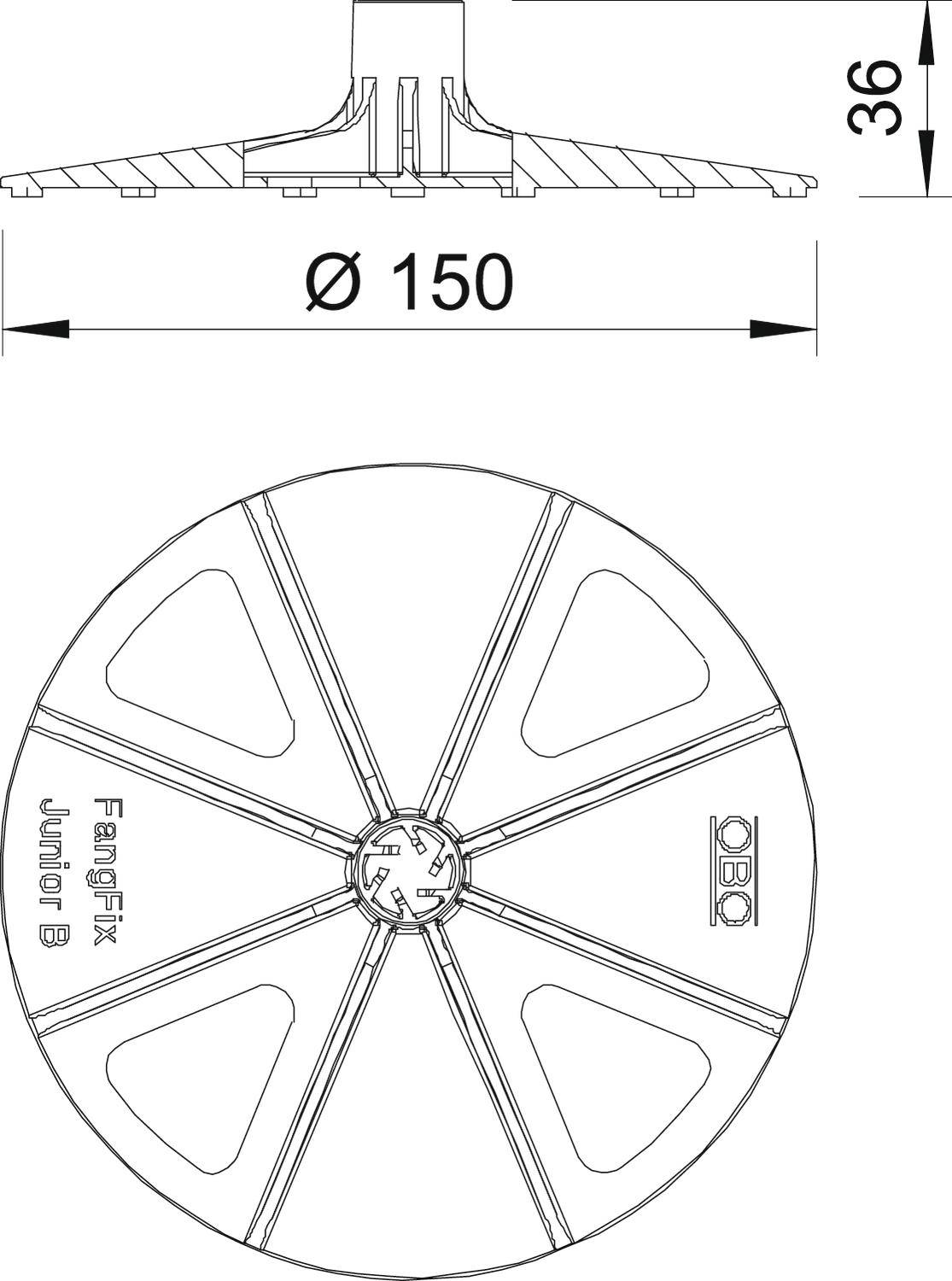 'FangFix Junior B' bevestigingsschema van OBO met afmetingen: Diameter 150 mm, hoogte 36 mm. Ronde vorm met lijnen en logozicht.