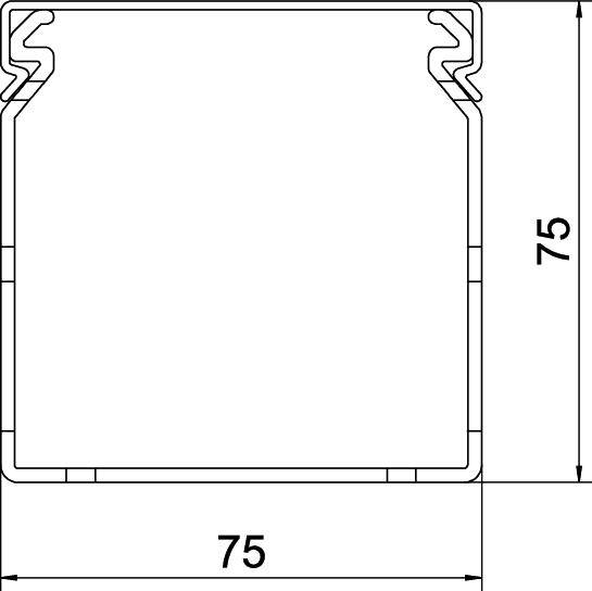 Technische tekening van een vierkant aluminiumprofiel. Afmetingen: 75 x 75 mm. Toont de dwarsdoorsnede-indeling van de interne structuren.