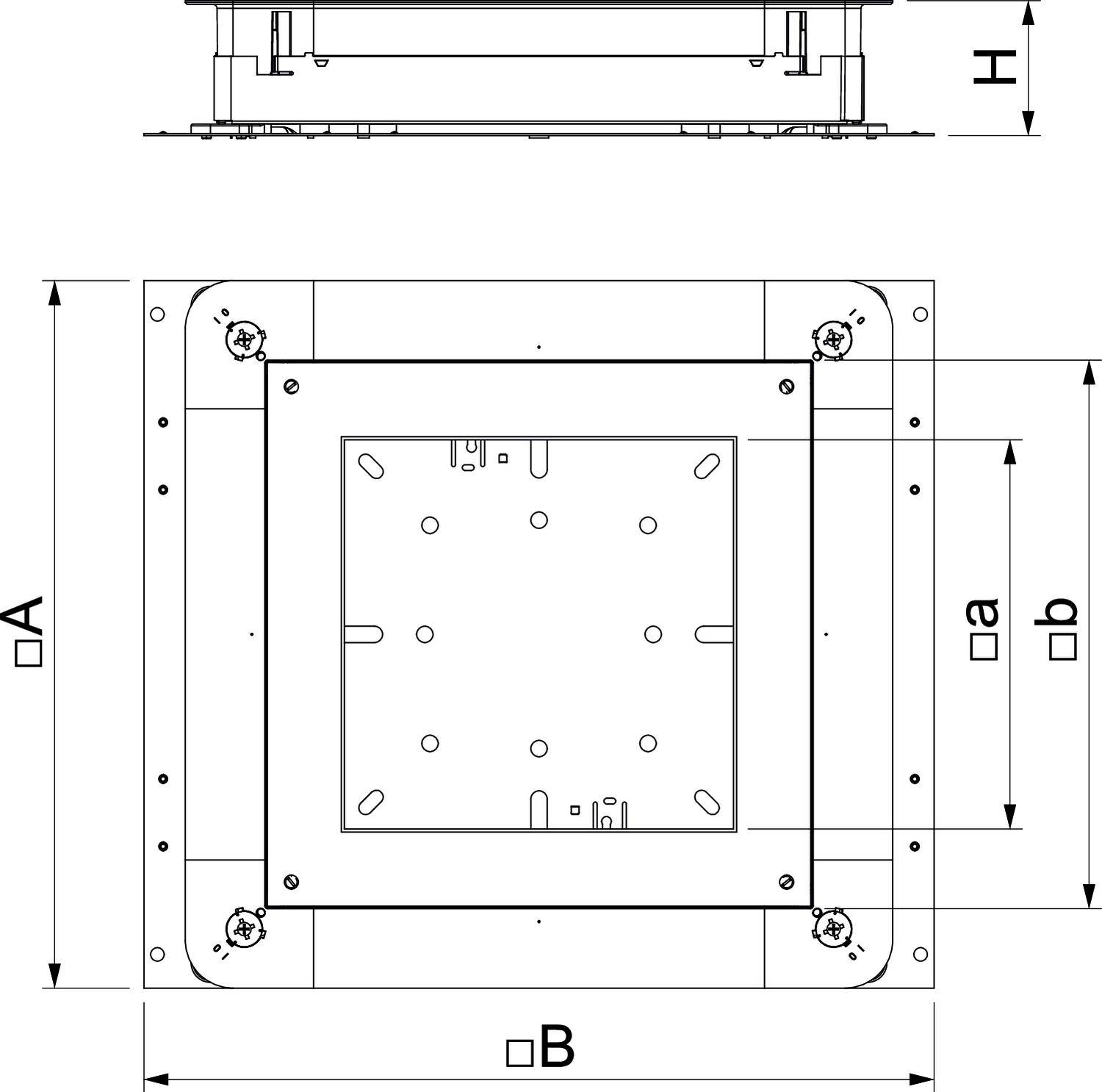 Technische tekening toont twee aanzichten van een vierkaartig apparaat met afmetingen A, B, a, b, H. Schroeven zijn geplaatst op de hoeken.