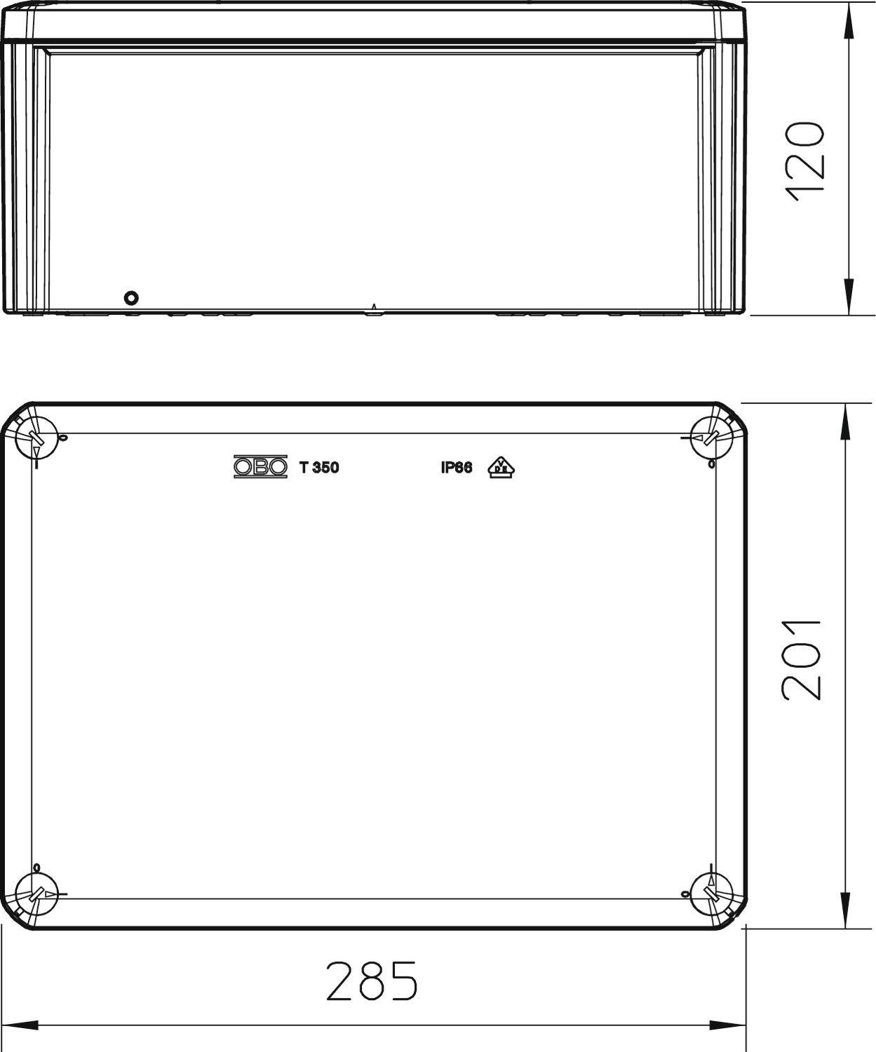 Technische Zeichnung van een rechthoekige behuizing met de afmetingen 285 mm x 201 mm x 120 mm.