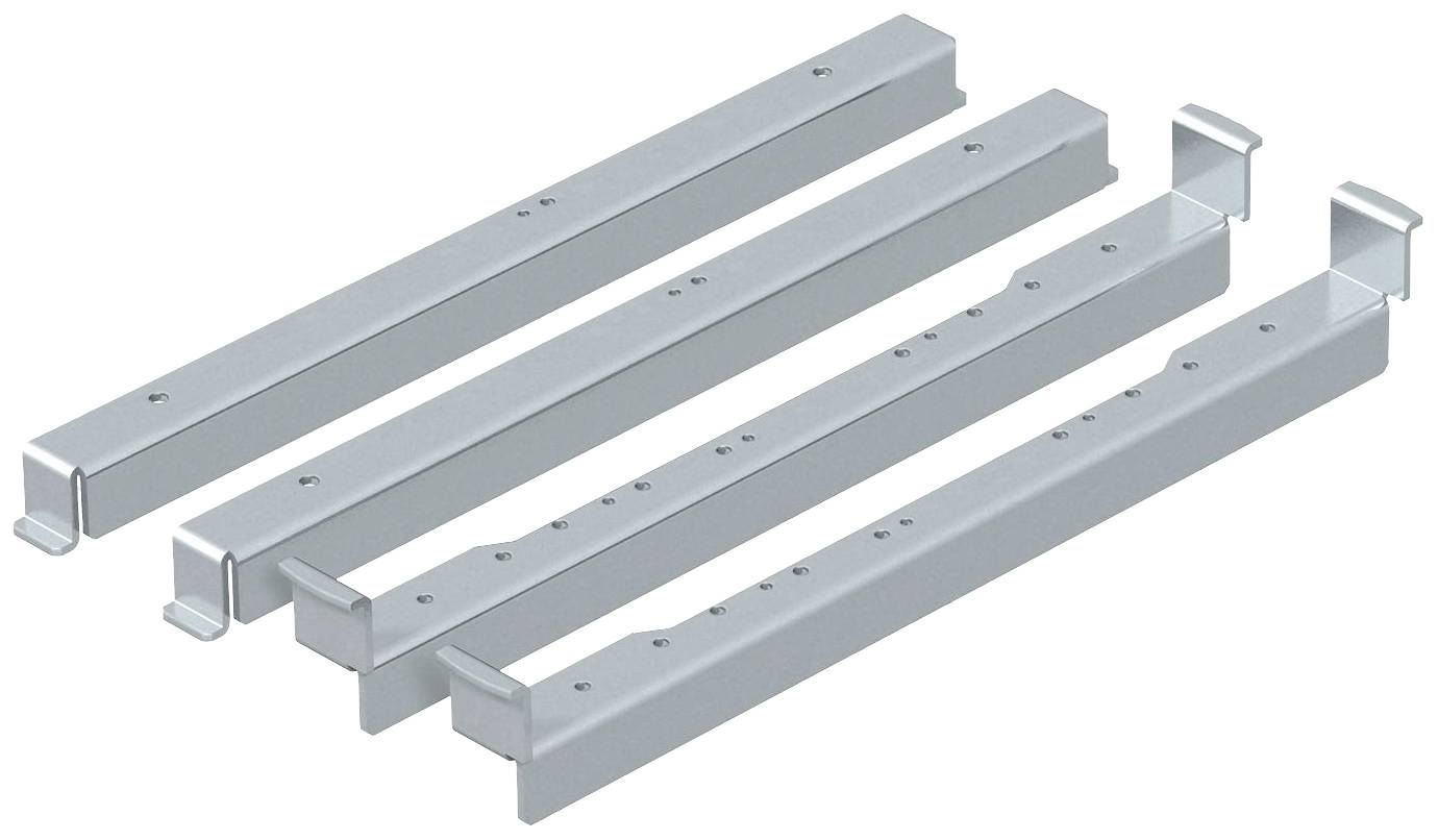 Vier grijze metalen hoeken in parallelle opstelling. Elke hoek heeft aan een uiteinde een haak voor bevestiging.