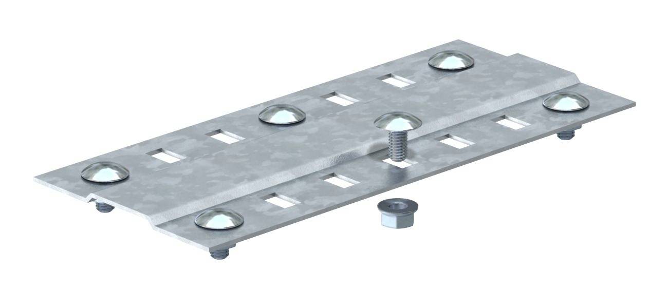 Metalen montageplaatje met meerdere vierkante gaten en bevestigingsschroeven, geschikt voor structurele toepassingen.