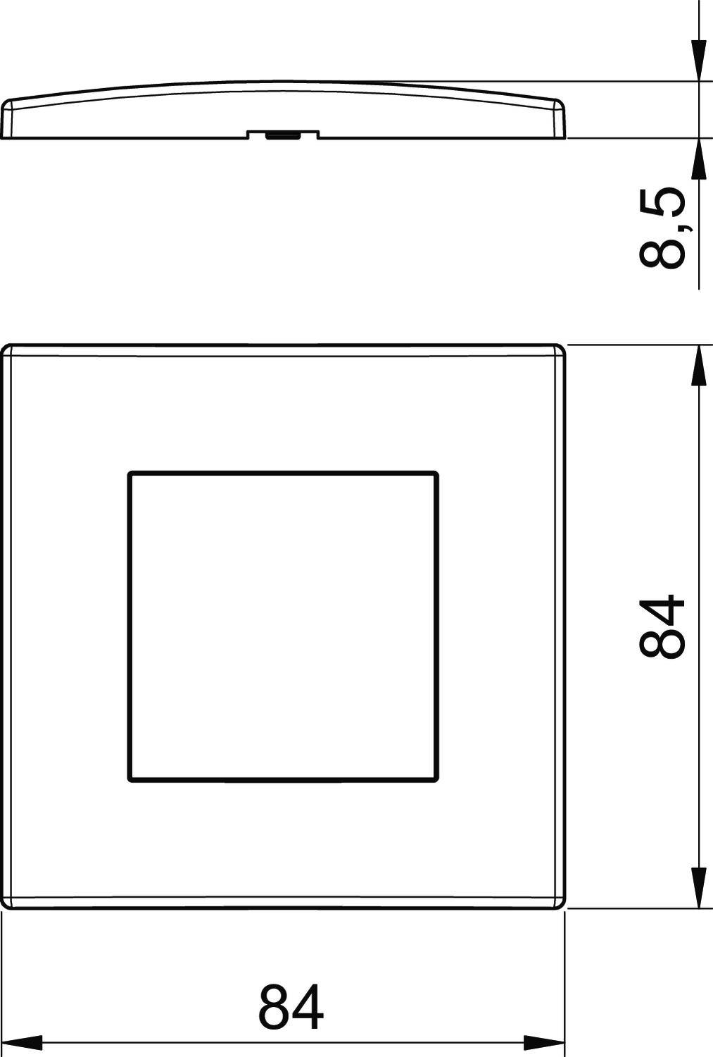 Tekening van een vierkante schakelaar met afmetingen van 84 x 84 mm en een hoogte van 8,5 mm.