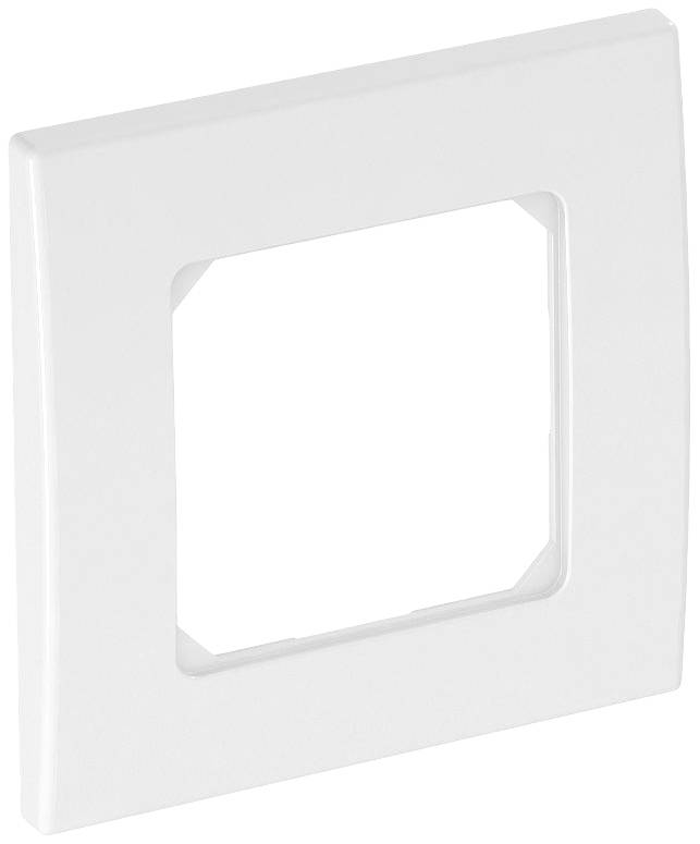 Witte, vierkante afdekplaat van kunststof met centrale uitsparing voor elektrische schakelaars of stopcontacten.