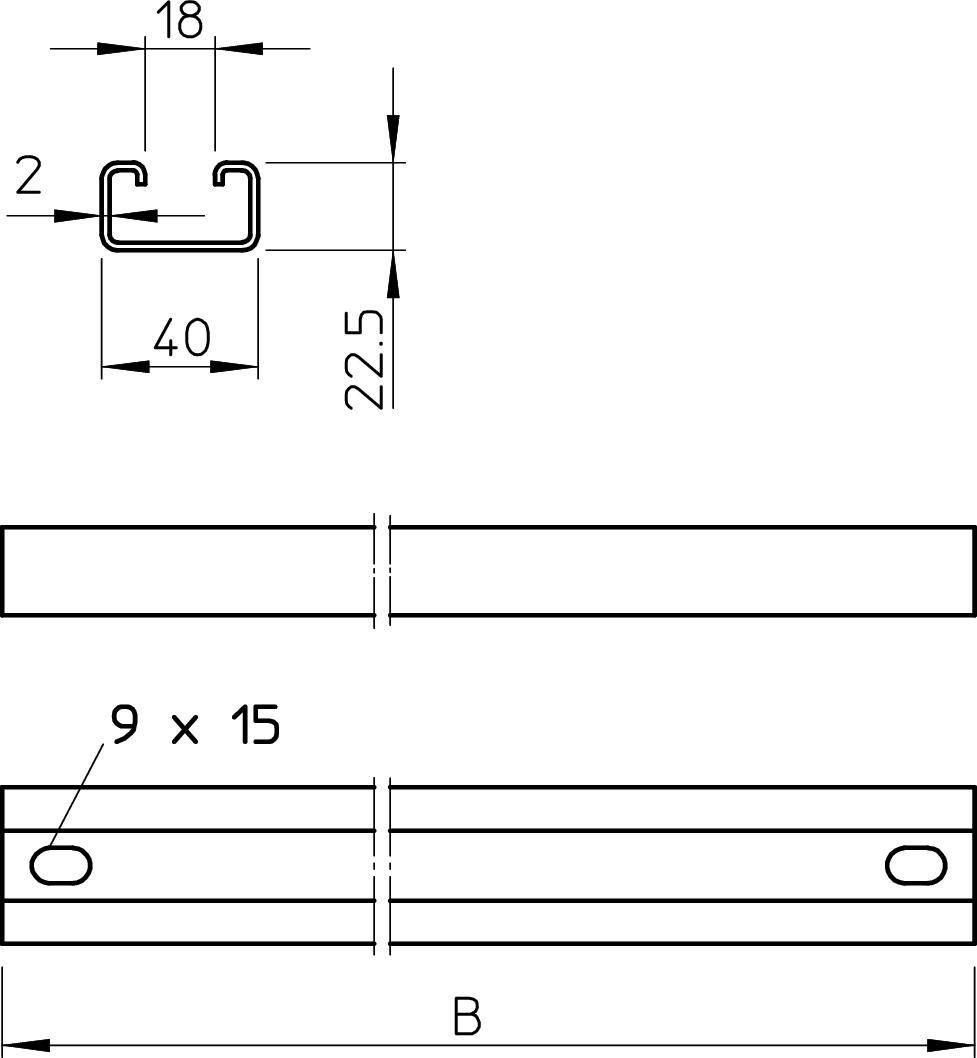 Technische tekening van een metaalprofiel; Doorsnede boven toont C-vorm met afmetingen 18 en 2 mm; Zijaanzicht toont boringen 9 x 15 mm.