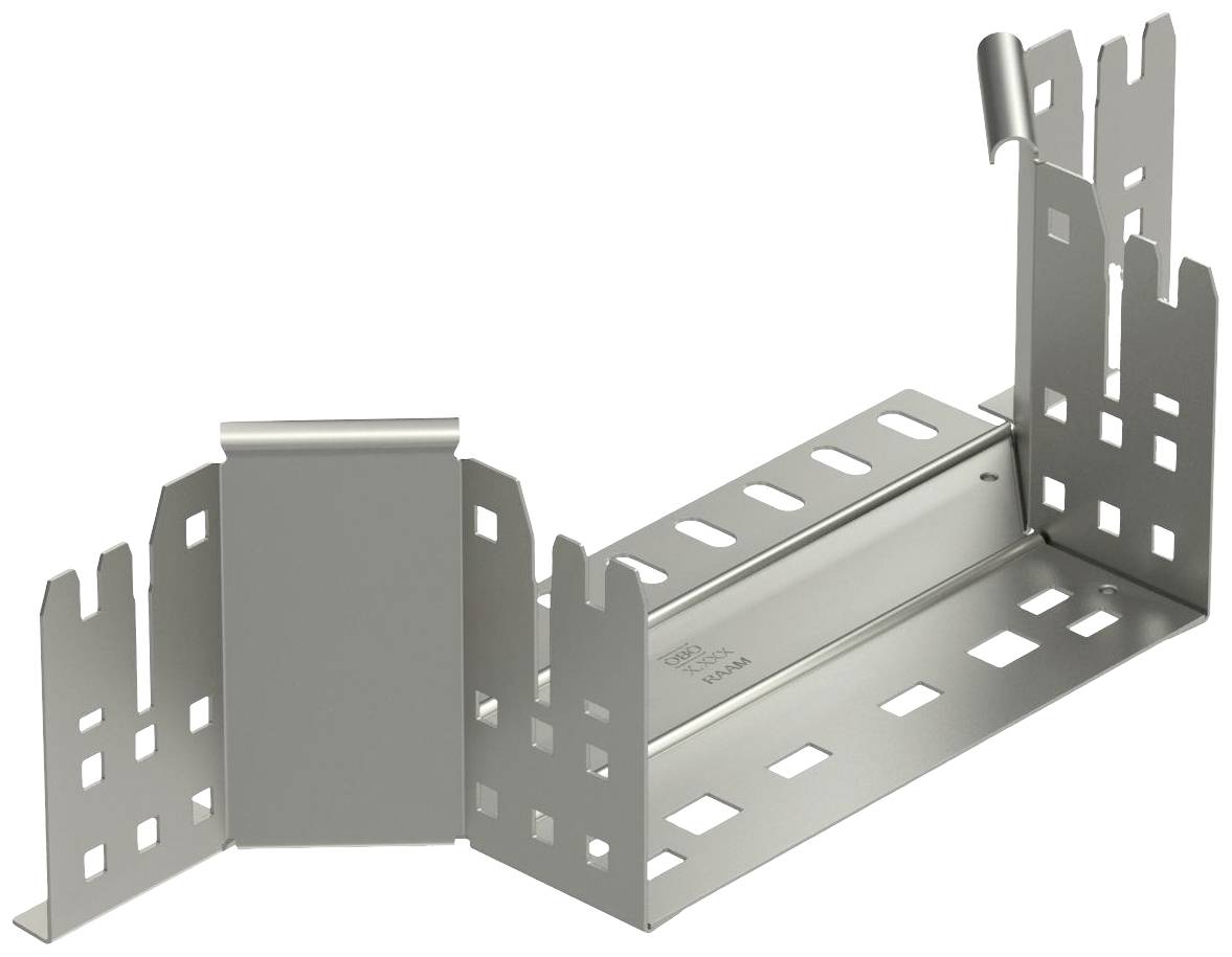 Metalen beugel met gekante zijden en geperforeerde oppervlakken. Geschikt voor het bevestigen van ladders of kabelgoten aan de muur.