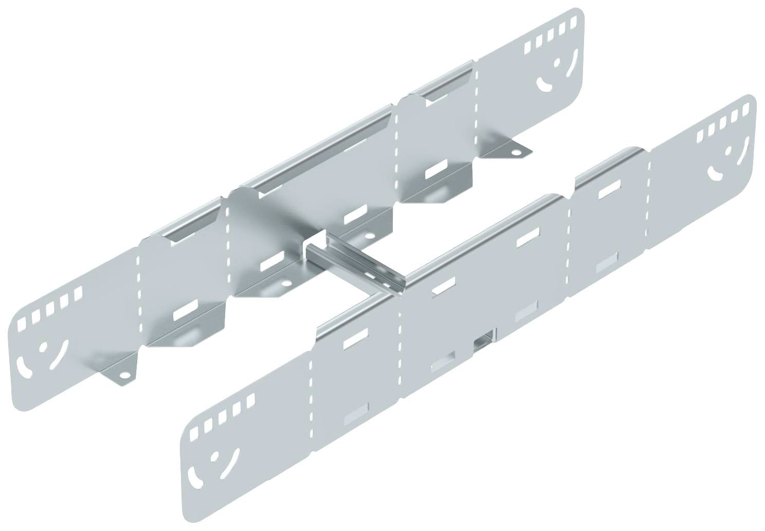 Metalen rail met meerdere uitsparingen en clips, dient als bevestiging of montagebeslag, zilverkleurig, zonder omgevingscontext.