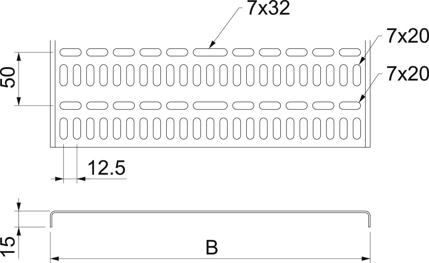 Technische tekening van een rechthoekig ventilatierooster met afmetingen: 50x12,5 mm, sleuven (7x32 mm boven, 7x20 mm aan de zijkant), hoogte 15 mm.