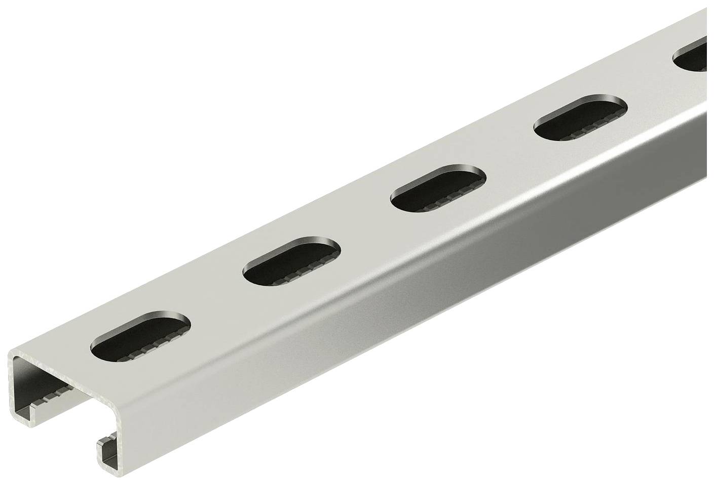 Een lange, zilveren metalen goot met ovale openingen langs de bovenkant, vaak gebruikt in bouwprojecten voor kabel- of buisleidingen.