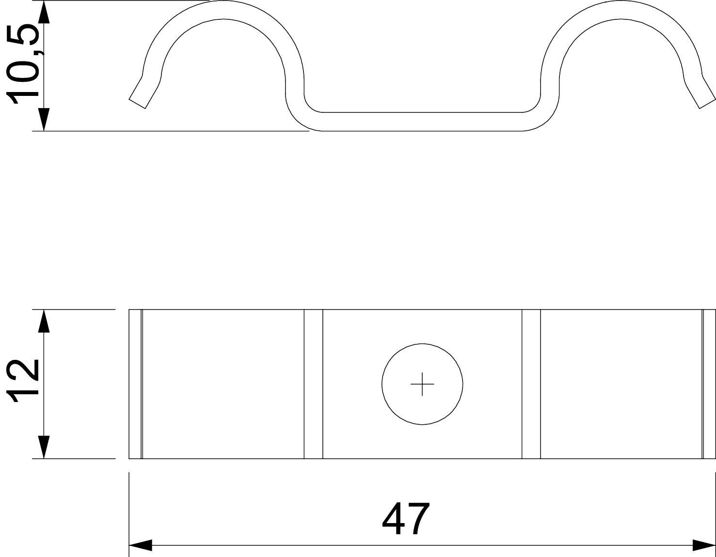 Technische tekening van een U-vormige metalen beugel met de afmetingen: hoogte 10,5, breedte 47, en een tweede hoogte van 12.