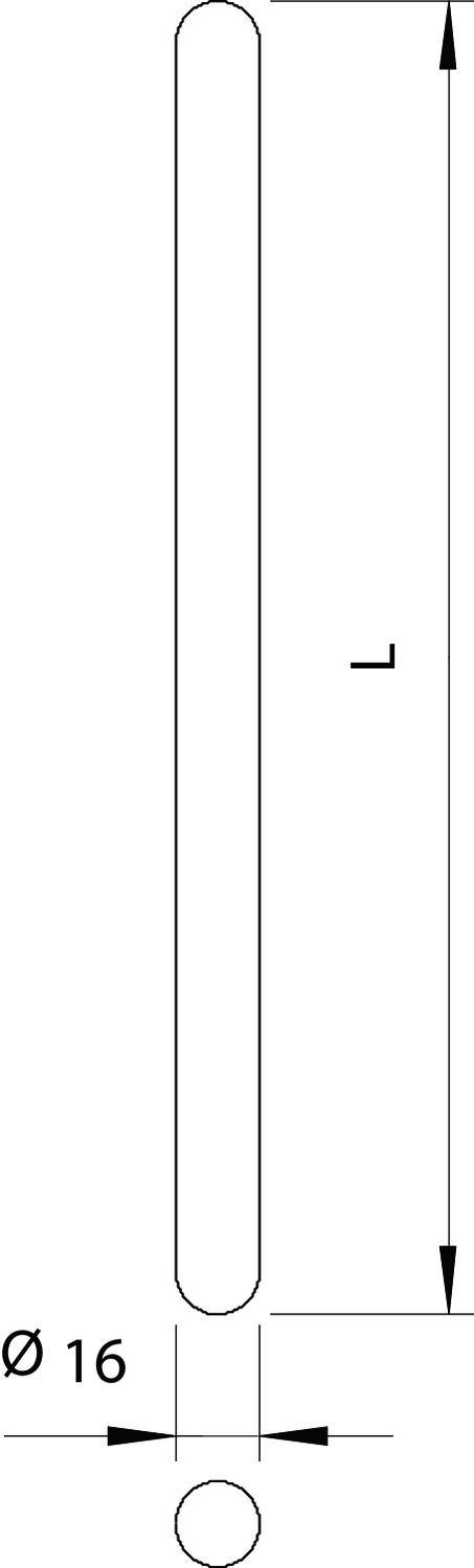 Technische tekening van een langwerpige cilinder met een diameter van 16 mm. De cilinder wordt verticaal weergegeven.