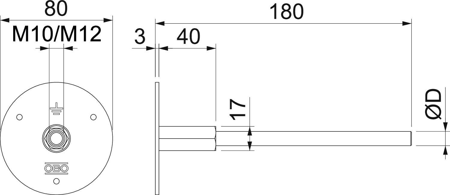 Technische tekening van een cirkelvormige bevestiging met de volgende afmetingen: diameter 80 mm, totale lengte 180 mm, M10/M12 schroefdraad.