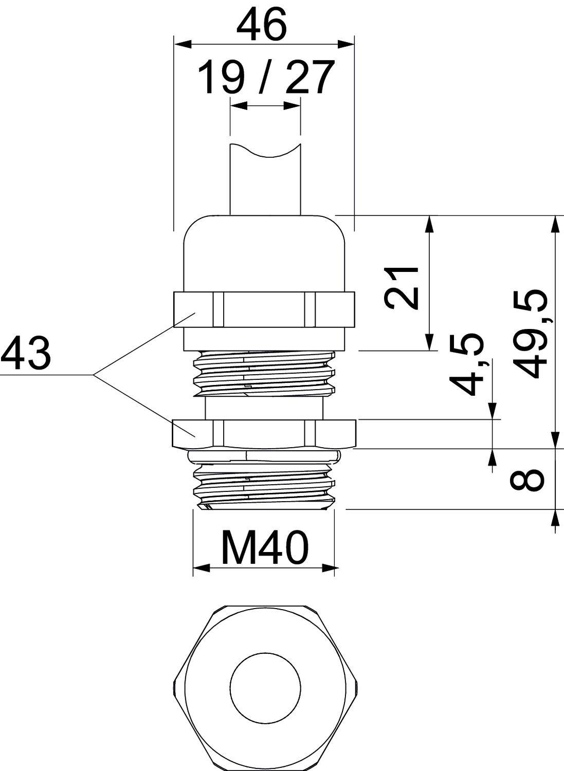 Technische tekening van een stekkerverbinding met afmetingen: 46 mm breedte, 27 mm hoogte, M40 schroefdraad, 49,5 mm totale hoogte.