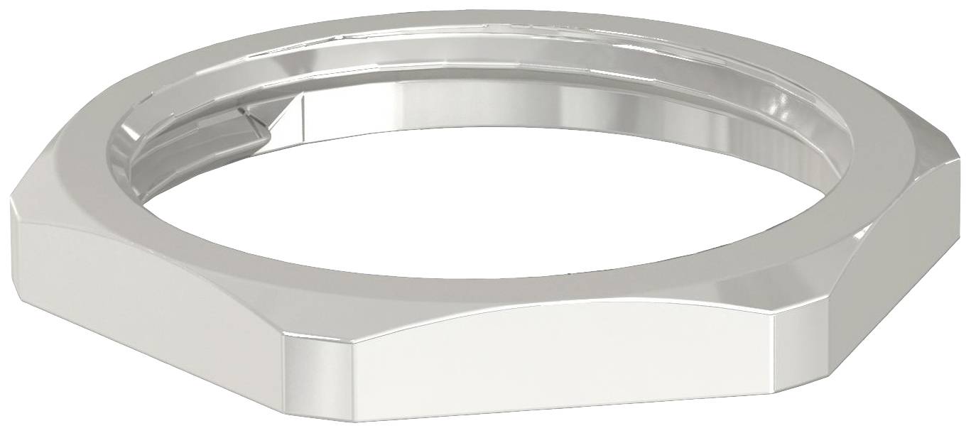 Een zilveren, achthoekige ring met een gladde oppervlakte en afgeschuinde randen, in het midden licht verhoogd.