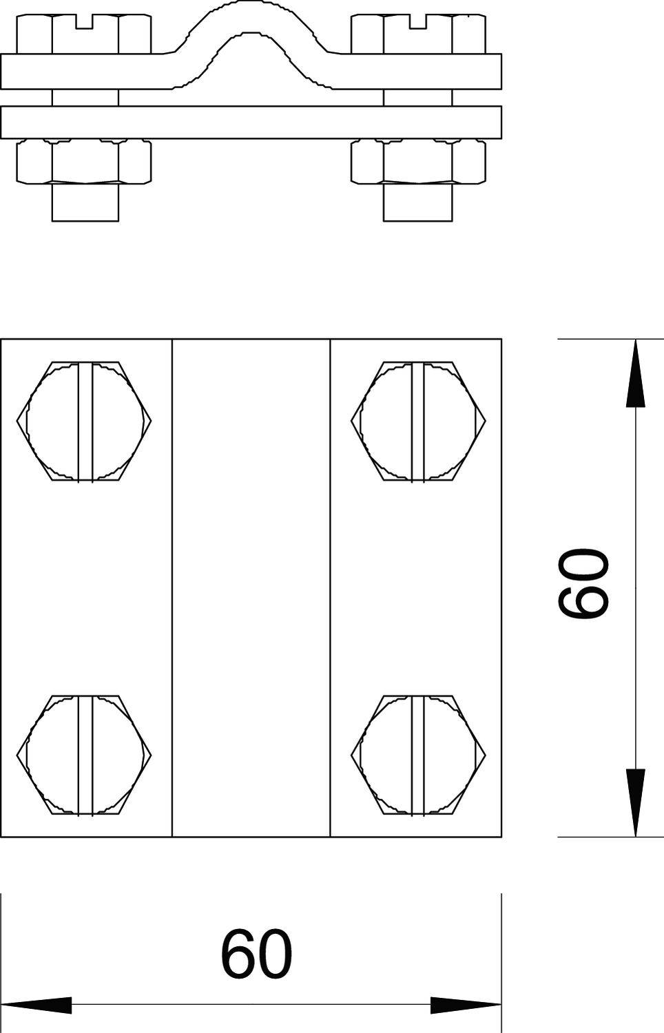 Technische tekening van een rechthoekige metalen verbinder met vier schroeven. De afmetingen zijn vermeld: 60 mm x 60 mm.