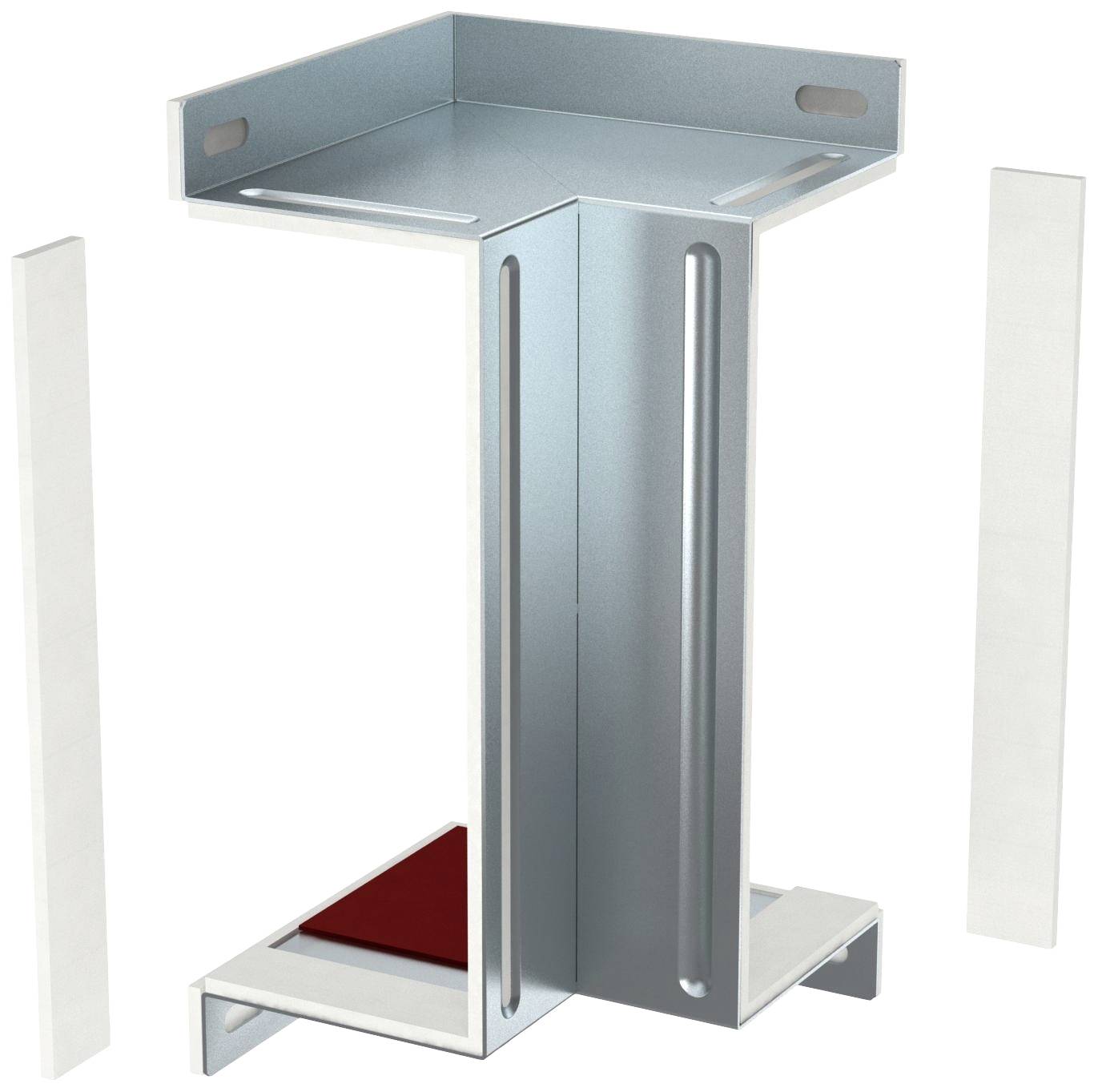 Metalen drager in doorsnede met rode details, toont constructieopbouw en verbindingselementen van staal.