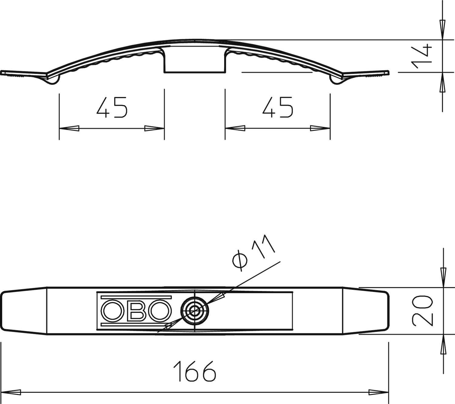 Technische tekening van een onderdeel met afmetingen: 166 mm lang, 20 mm hoog, 14 mm bruikbare hoogte, 45 mm afstand in het bovenste gedeelte.