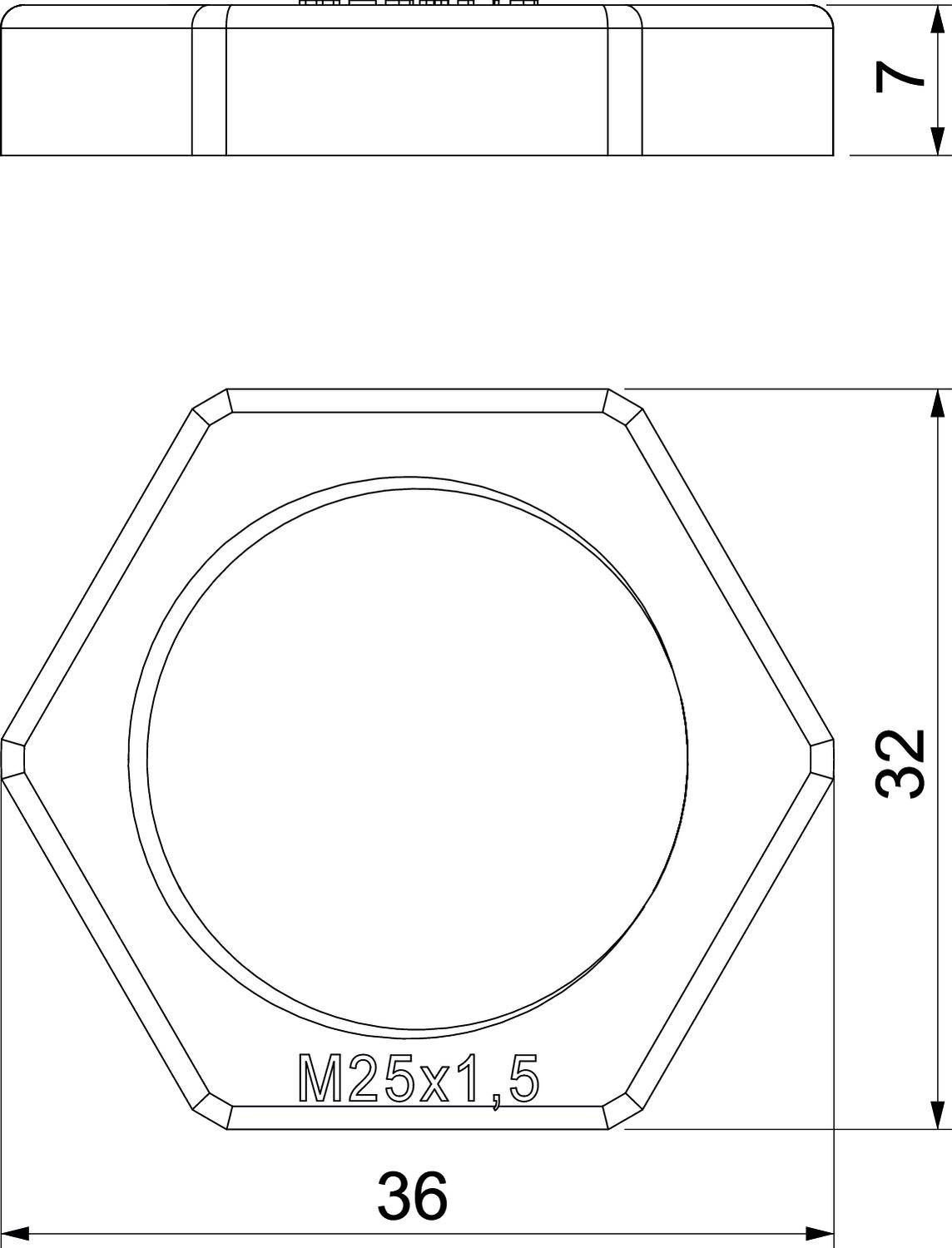 Zeskantmoer bovenaanzicht met 'M25x1,5' aanduiding, 36 mm breedte, 32 mm hoogte, en zijaanzicht met 7 mm hoogte.