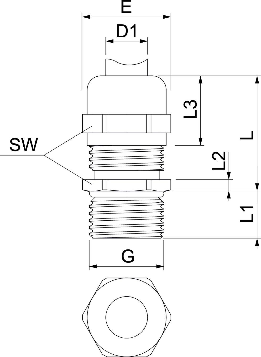 Technische tekening van een schroef met schroefdraadmaten E, D1, L, L1, L2, L3 en G. Zeskantbout gemarkeerd met SW.