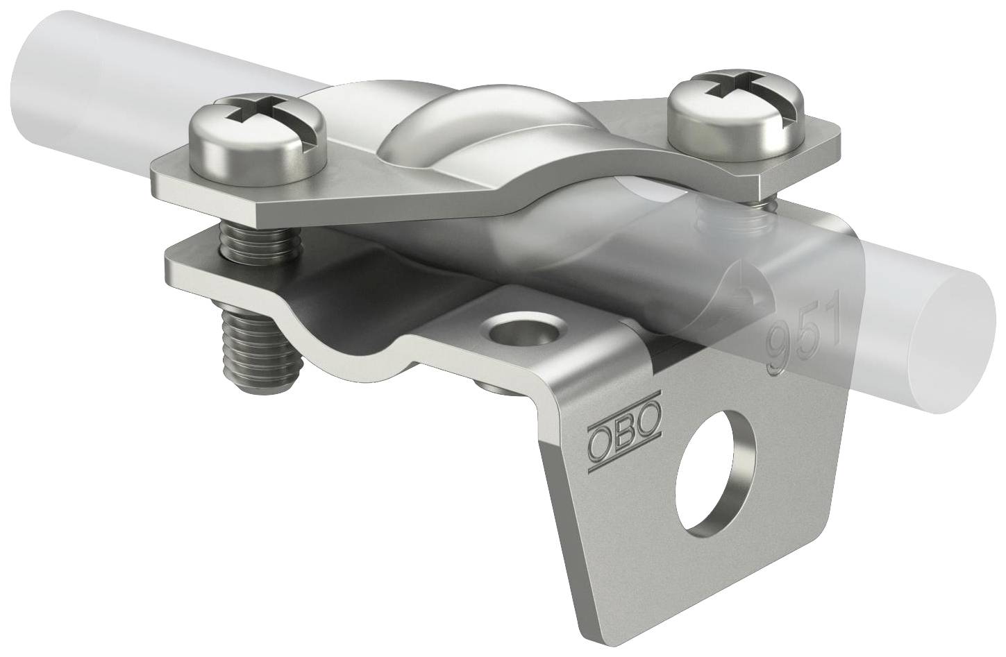 Metalen verbinder met schroeven voor de bevestiging van een cilindrisch element. Geschikt voor technische installaties of constructies.