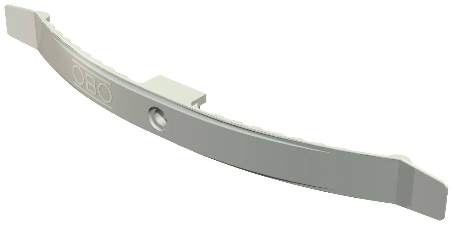 Een grijze, gebogen metalen strip met een gat in het midden en de ingeslagen tekst 'OBO'. Hij wordt gebruikt voor het bevestigen van kabels.