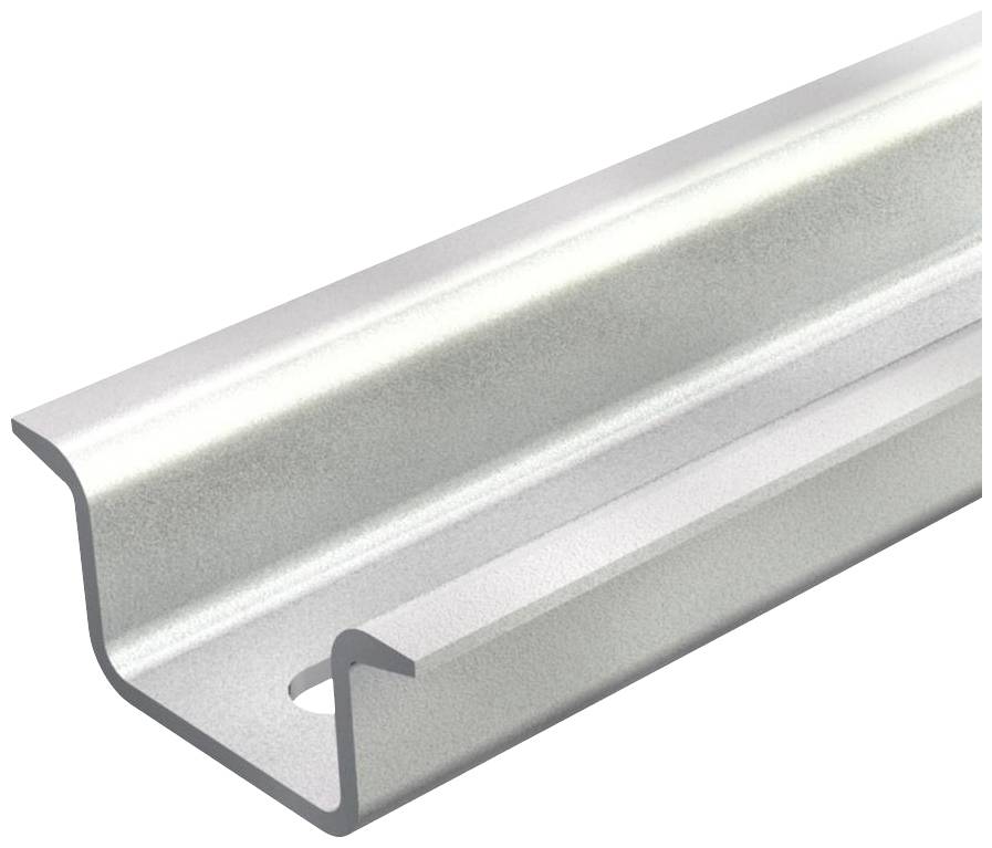 Metallisch C-vormig railprofiel met een gat op het onderste oppervlak, geschikt voor industriële of bouwtechnische toepassingen.