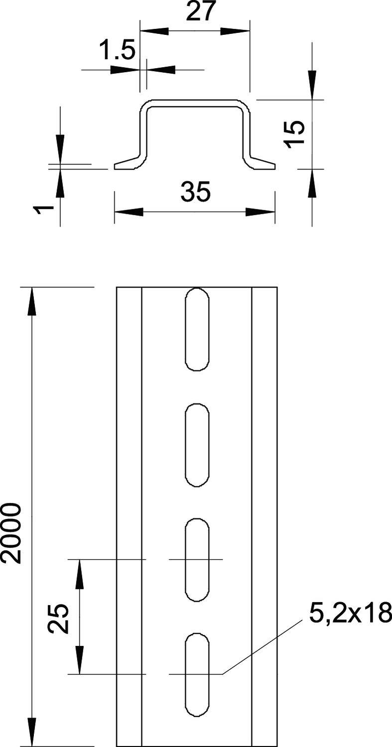 Technische tekening van een metaalprofiel met detailmaten: 2000 mm lengte, 35 mm breedte, 15 mm hoogte, gaten van 5,2 x 18 mm.
