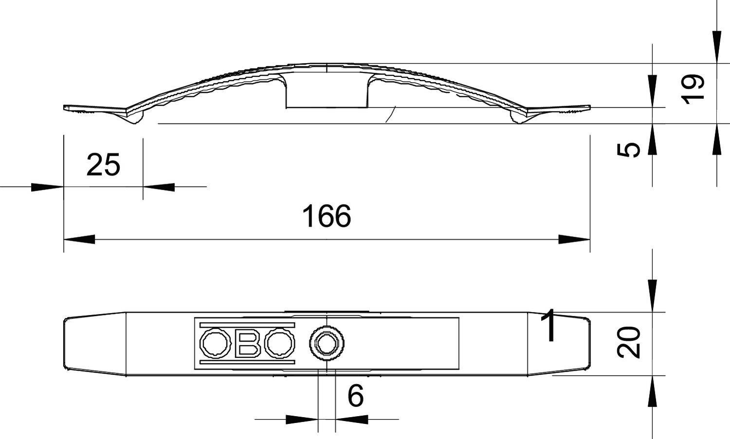 Technische tekening van een onderdeel met afmetingen: 166 mm lengte, 19 mm en 5 mm hoogte, 25 mm zijdelingse lengte, en 6 mm breedte.