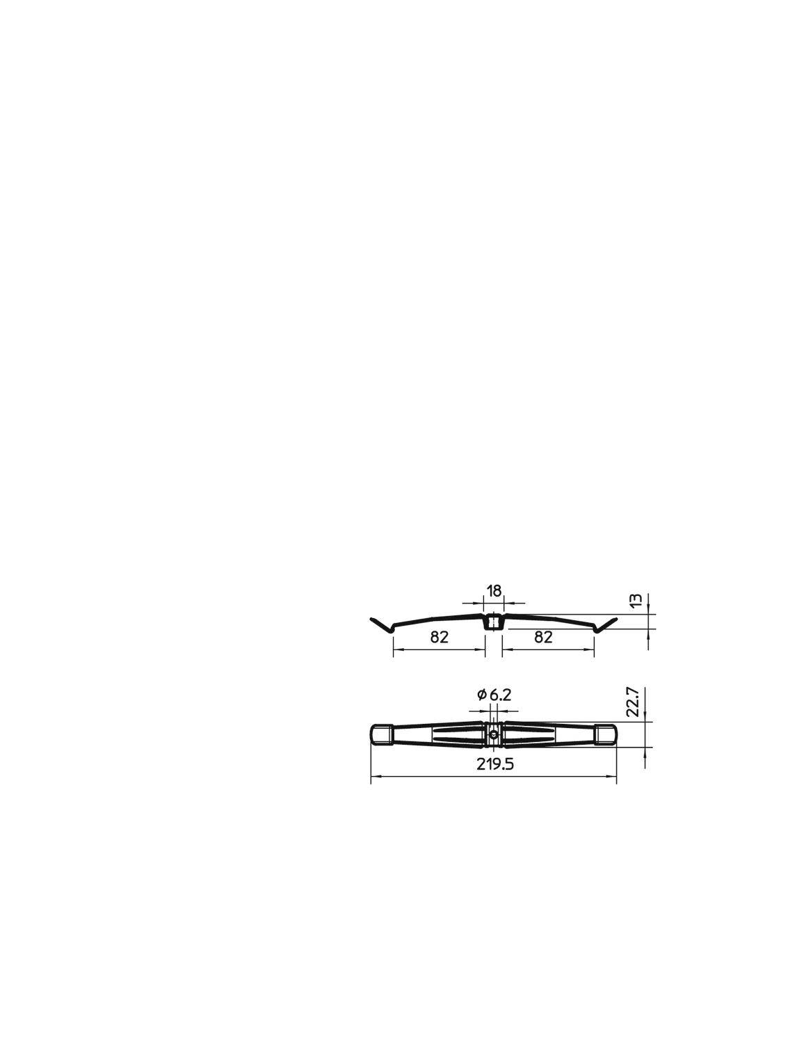 Technische tekening van een bladveerdeel. Afmetingen: breedte 82 mm, totale lengte 219,5 mm, hoogte 19 mm, dikte 9,6 mm. Zij-aanzicht boven, bovenaanzicht onder.