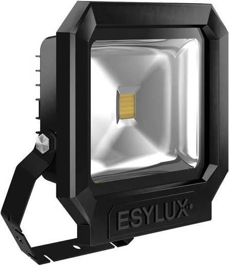Een zwarte LED-schijnwerper met bevestigingsbeugel, geschikt voor buitenverlichting. Het merk 'ESYLUX' is zichtbaar op de behuizing.