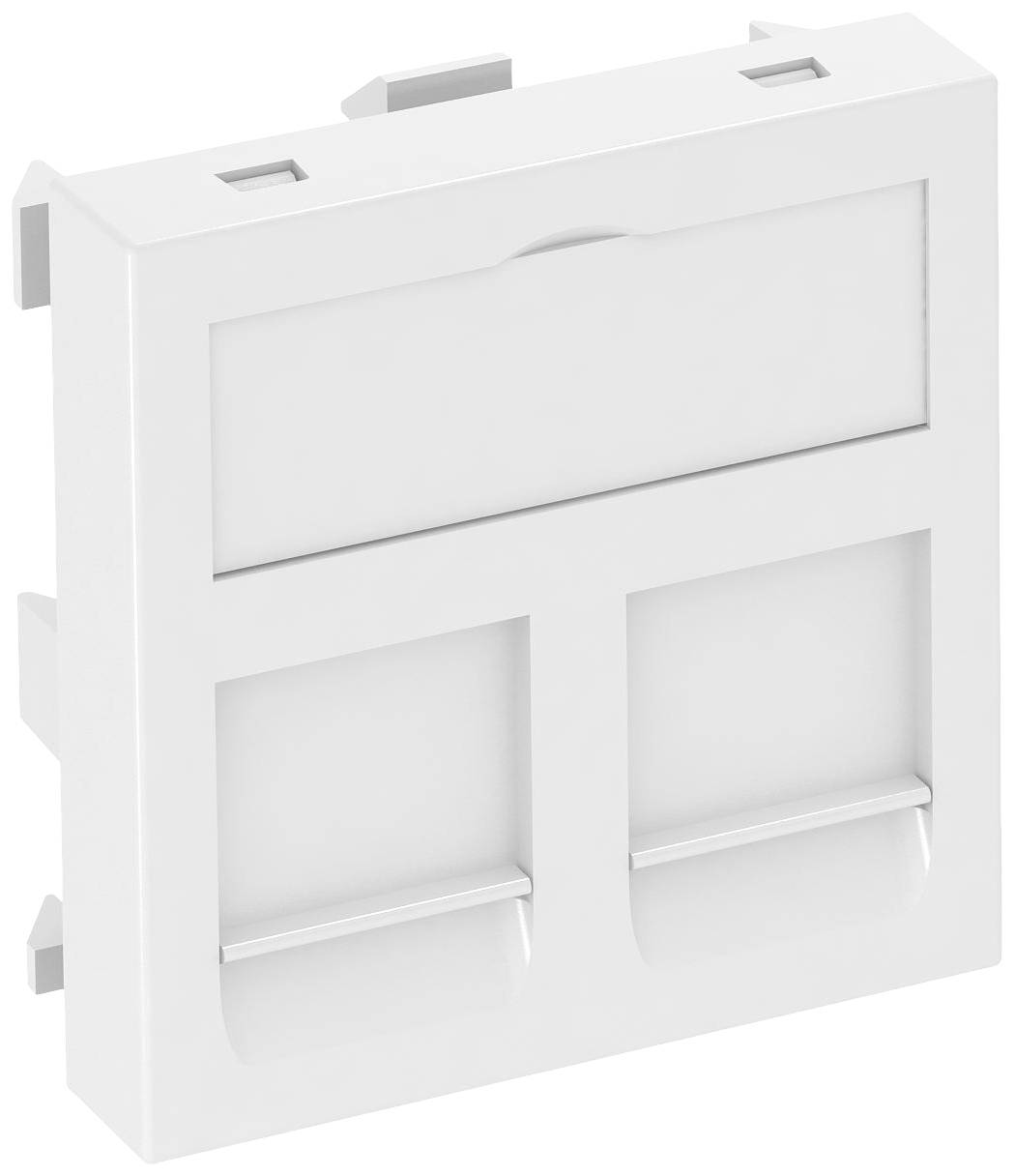 Een wit kunststof module met twee rechthoekige openingen, geschikt voor netwerkaansluitingen, met klemmen om te bevestigen aan een wandplaat.