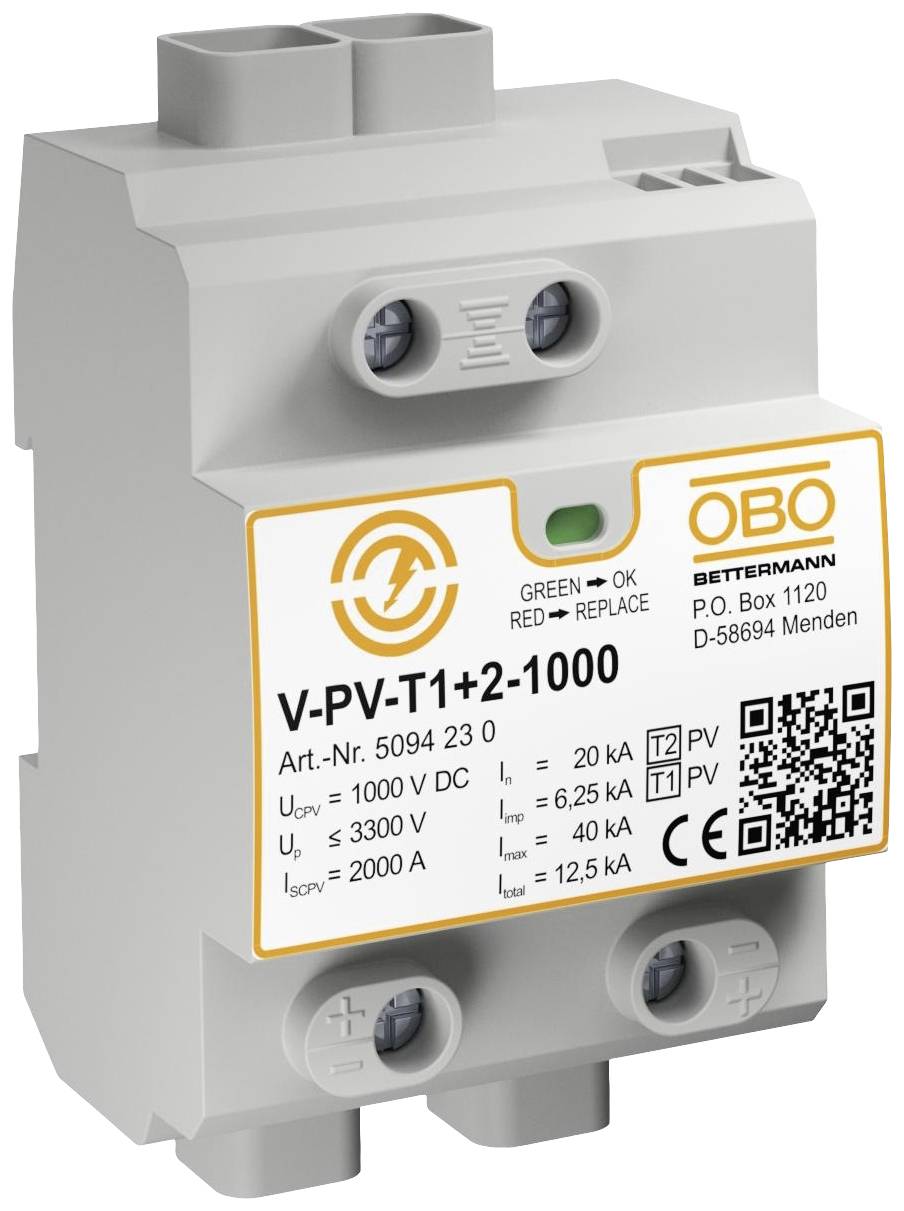 Grijs-witte overspanningsbeveiliging met geel label dat technische details vermeldt zoals spanning ('1000 V DC') en stroom ('3300 V').
