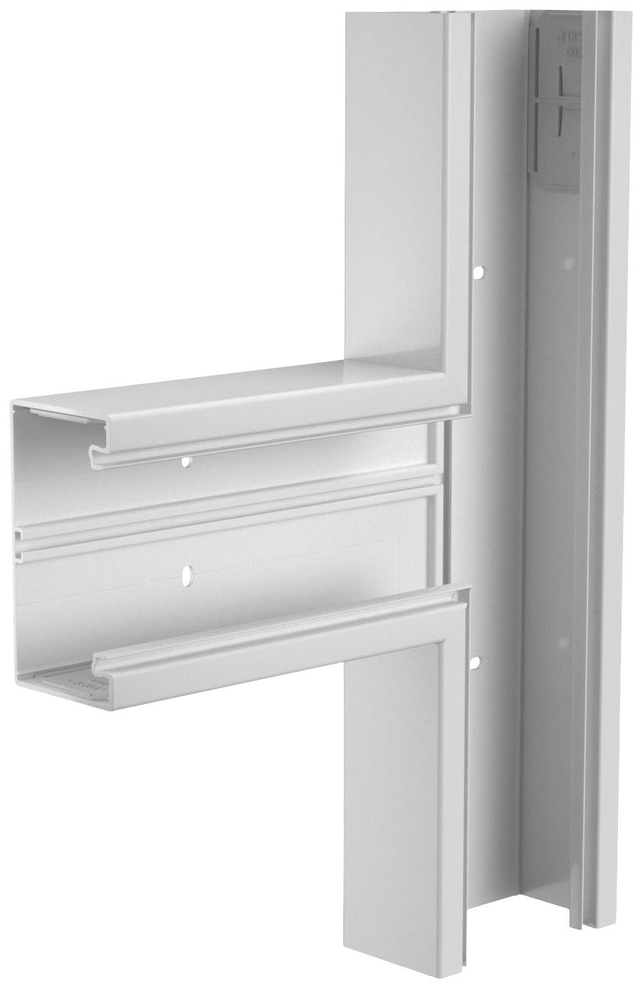 Aluminium verbindingsprofiel met L-vormige structuur, gedetailleerd zicht op rails en boorgaten. Gebruikt in bouw of montage.