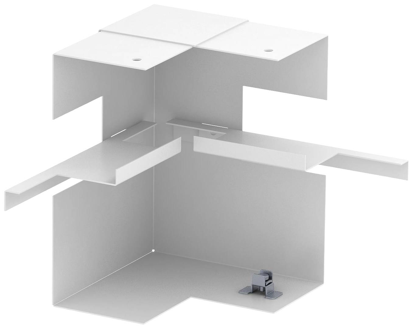 Het beeld toont een witte, open, kubische structuur met meerdere niveaus en een kleine metalen clip onderaan.