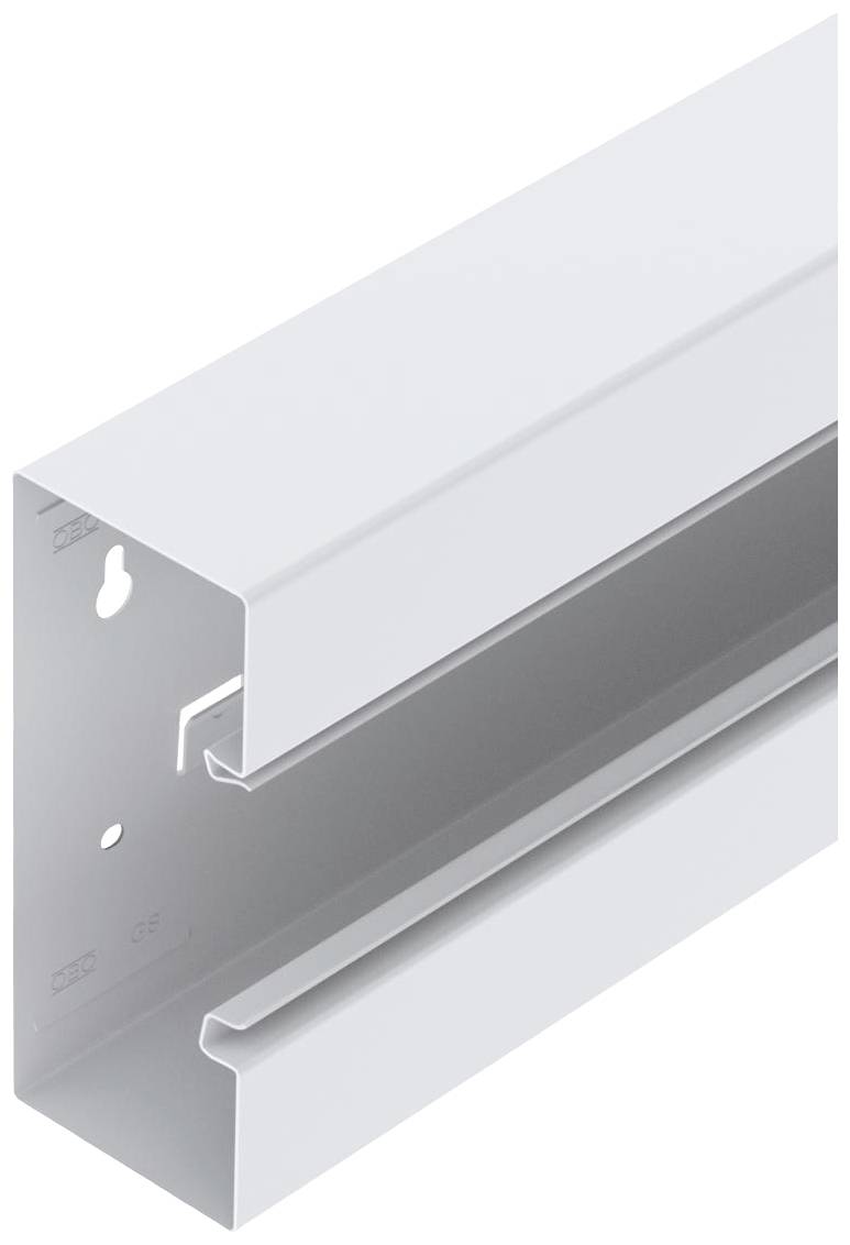 Een witte metalen kabelgoot, geopend, toont de binnenste structuur voor bevestiging en geleiding van kabels.