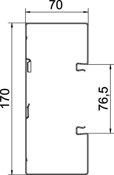 Schematische tekening van een onderdeel met de afmetingen: breedte 70 mm, hoogte 170 mm, diepte 76,5 mm. Zijaanzicht met inkepingen.