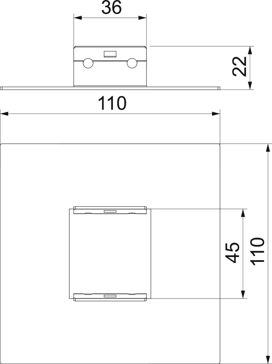 Technische tekening van een vierkante elektrische schakelaar, afmetingen: 110x110 mm. Toont schakelopstelling en detailleringsniveaus.