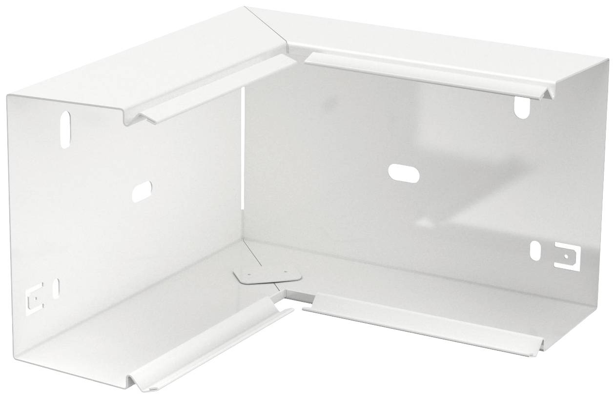Metalen plankdrager met meerdere bevestigingsgaten en een witte coating, geschikt voor rek- of meubelconstructies.