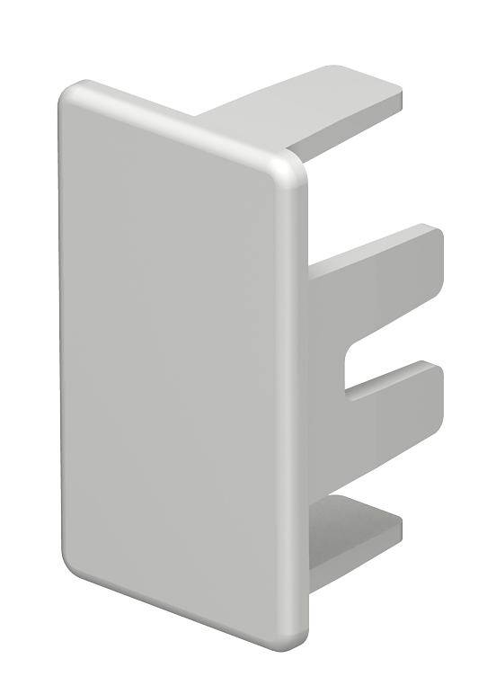 Een grijze kunststof eindstop 3D-rendering, bekeken van opzij, met twee bevestigingssteun.