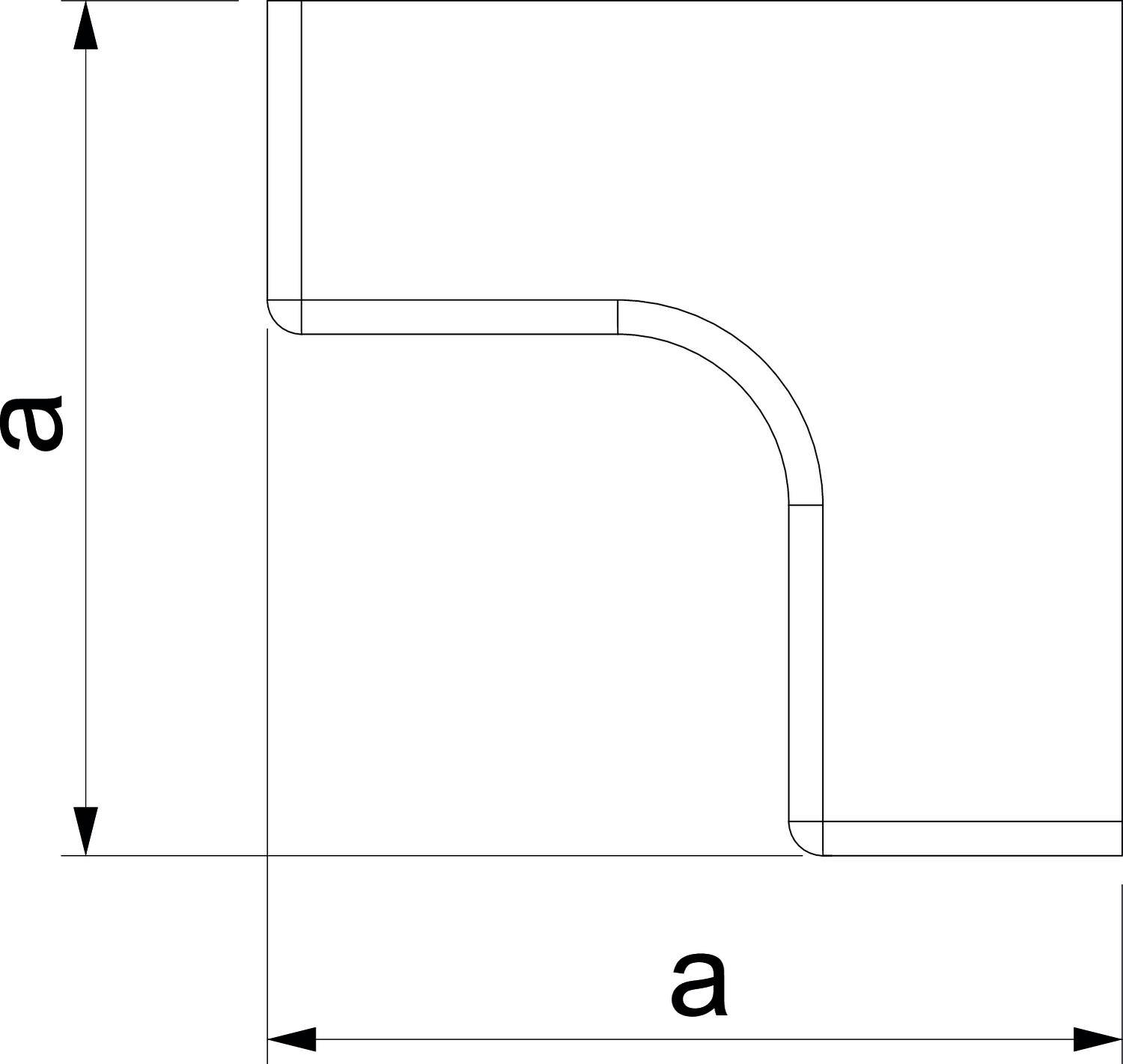 Technische tekening van een rechthoekig onderdeel met afgeronde hoeken en de maat 'a' aan beide zijden.