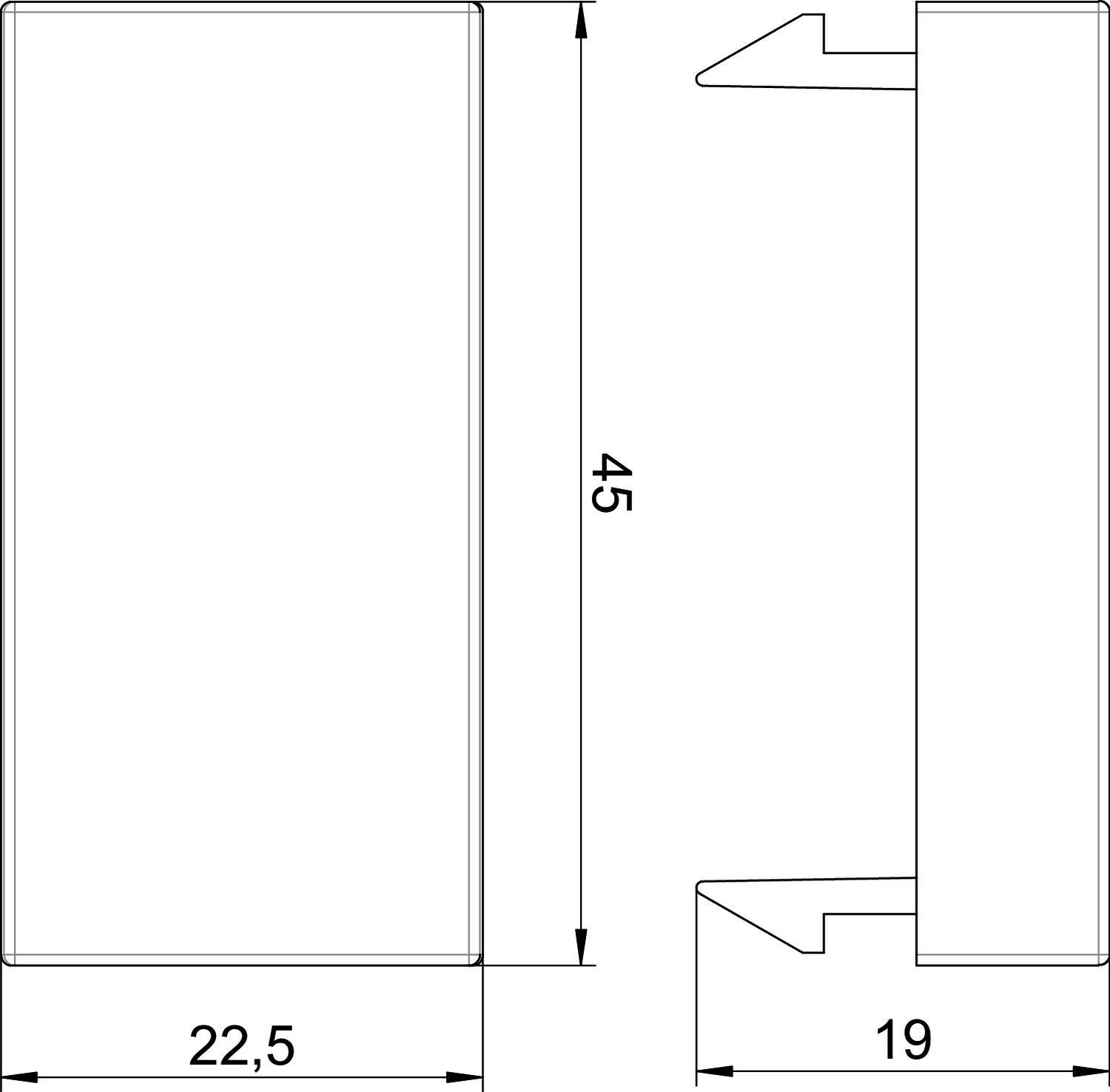 Technische tekening van een rechthoekig profiel met afmetingen: breedte 22,5 mm, hoogte 45 mm. Zijaanzicht toont 19 mm diepte.