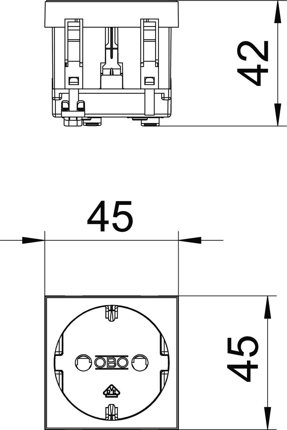 Technische tekening van een vierkante stopcontact met afmetingen: hoogte 42 mm, breedte 45 mm. Bovenaanzicht en zijaanzicht zijn weergegeven.