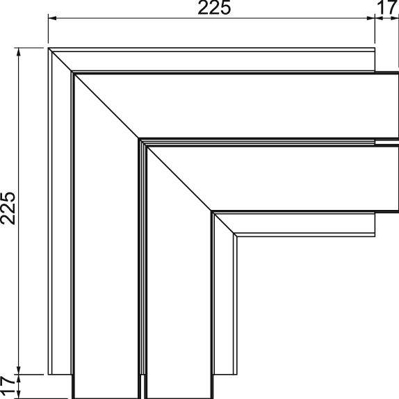 Technische tekening van een hoek met afmetingen van 225 x 225 mm en een dikte van 17 mm.