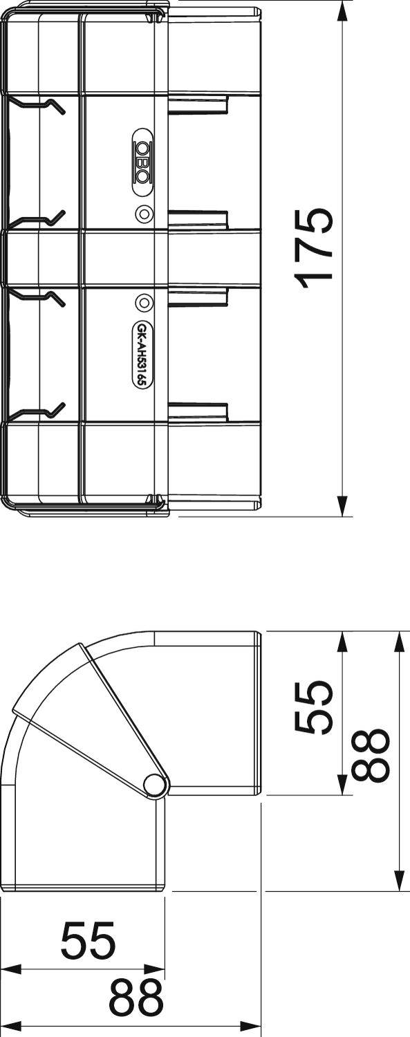Technische tekening van een buisverbinding met afmetingen: Bovenaan 175, zijdelings 88 en 55. Toont zij- en vooraanzicht.