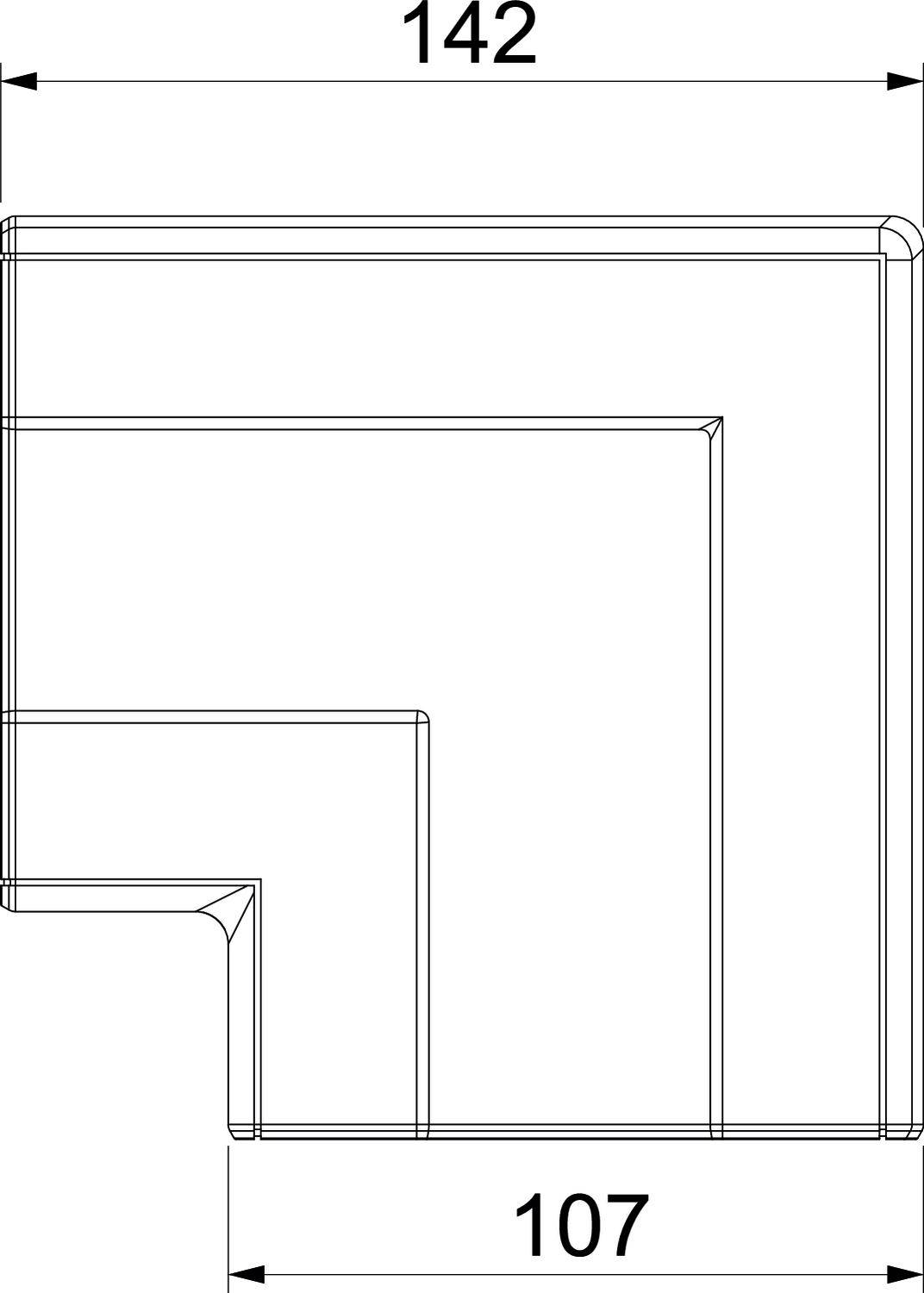 Technische tekening van een L-profiel met afmetingen: bovenste breedte 142 mm, zijdelingse breedte 107 mm.