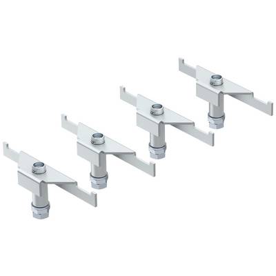 Vier identieke, witte metalen beugels met een vierkante voet en een ronde bovenkant, gerangschikt in een diagonale lijn.