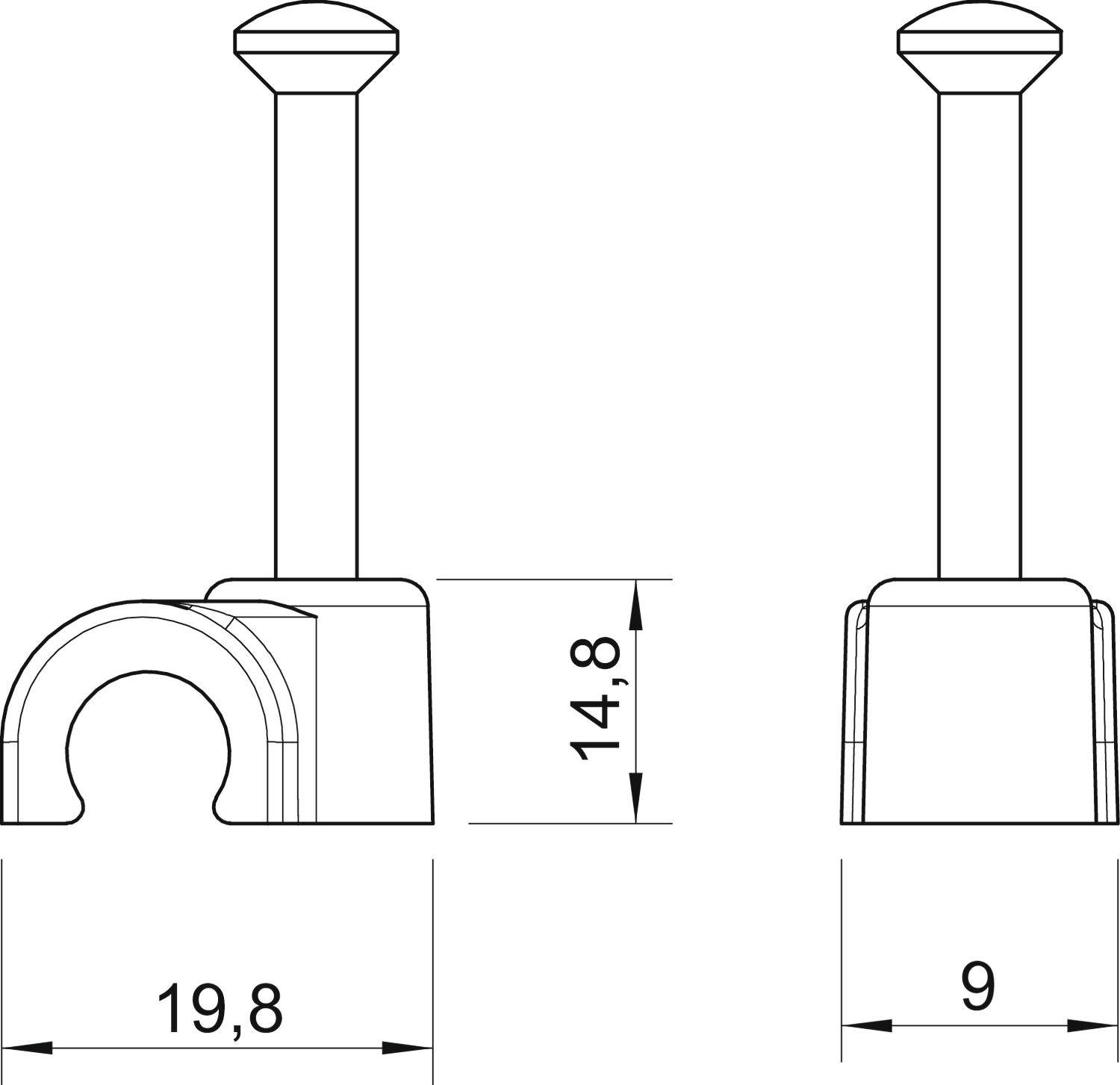 Technische tekening van een U-vormige clip met afmetingen: breedte 19,8 mm, hoogte 14,8 mm, binnenste breedte 9 mm. Voor- en zijaanzicht.